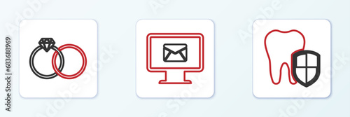 Set line Dental protection, Wedding rings and Monitor and envelope icon. Vector