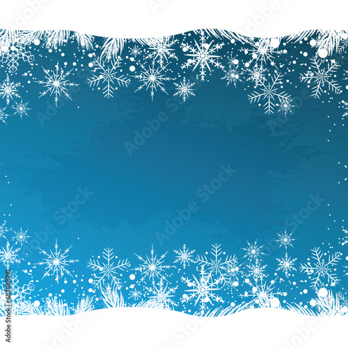 Blue frost square banner with white pine branches, snowflakes and ice.