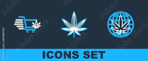 Set line Legalize marijuana, Shopping cart with and Marijuana or cannabis leaf icon. Vector