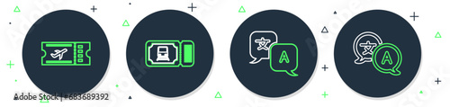 Set line Train ticket, Translator, Airline and icon. Vector