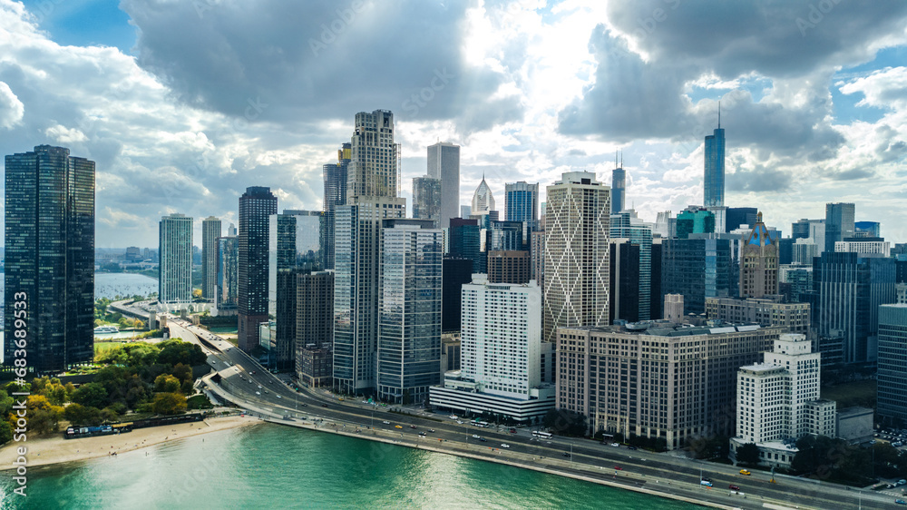 Fototapeta premium Chicago skyline aerial drone view from above, city of Chicago downtown skyscrapers and lake Michigan cityscape, Illinois, USA 