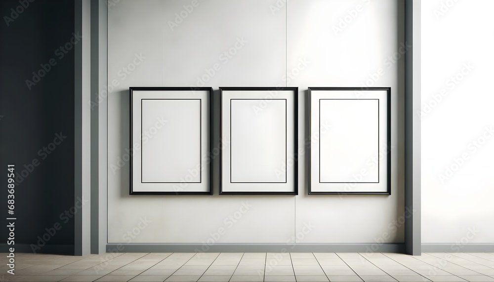 Museum wall decorated with blank white paintings, mock up, banner with copy space area, background, template Museum wall decorated with blank white paintings, mock up, banner with copy space area, background, template