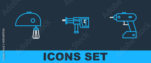 Set line Electric cordless screwdriver, mixer and Rotary hammer drill machine icon. Vector