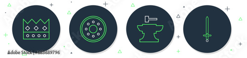 Set line Round wooden shield, Anvil for blacksmithing hammer, King crown and Medieval sword icon. Vector