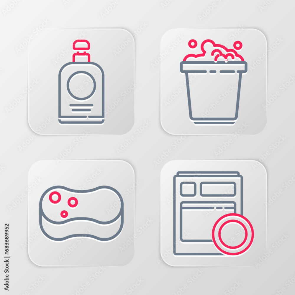 Set line Kitchen dishwasher machine, Sponge, Bucket with soap suds and Hand sanitizer bottle icon. Vector Set line Kitchen dishwasher machine, Sponge, Bucket with soap suds and Hand sanitizer bottle icon. Vector