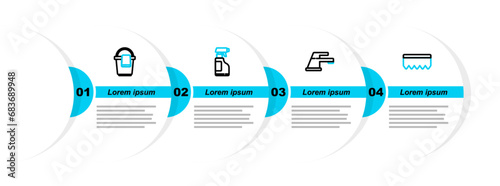 Set line Sponge with bubbles, Water tap, Spray bottle detergent liquid and Bucket rag icon. Vector