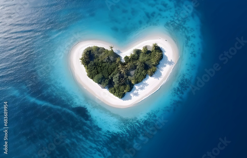 Tropic island shape heart with white sand beach in blue ocean wa