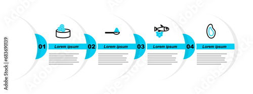 Set line Mussel, Fish with caviar, Caviar on spoon and Tin can icon. Vector