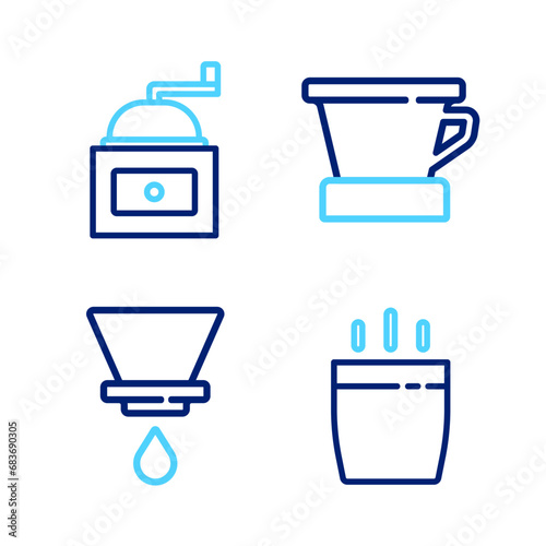 Set line Coffee cup, V60 coffee maker, and Manual grinder icon. Vector