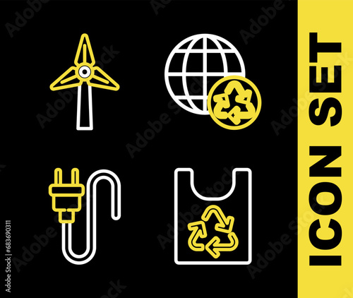 Set line Planet earth and recycling, Plastic bag with recycle, Electric plug and Wind turbine icon. Vector
