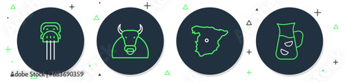 Set line Bull, Map of Spain, Peineta and Sangria icon. Vector