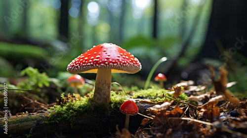 Red fly agaric mushroom in the forest close up