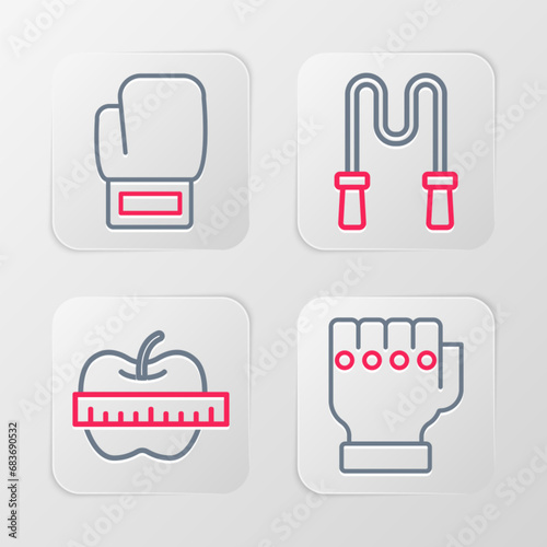 Set line MMA glove, Apple and measuring tape, Jump rope and Boxing icon. Vector