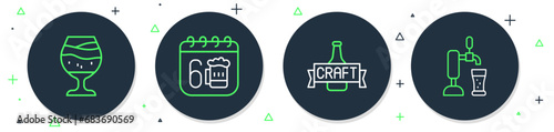 Set line Saint Patricks day calendar, Beer bottle, Glass of beer and tap with glass icon. Vector