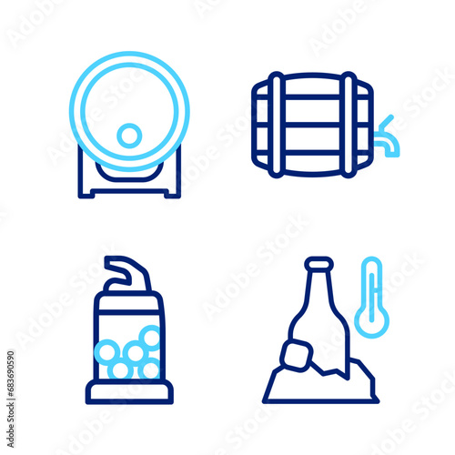 Set line Cold beer bottle, Bottle opener, Wooden barrel on rack and icon. Vector