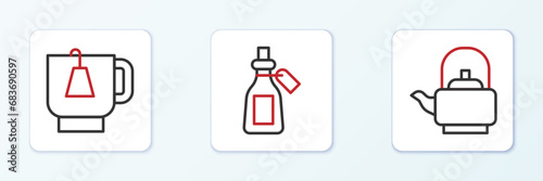 Set line Kettle with handle, Cup of tea tea bag and Essential oil bottle icon. Vector