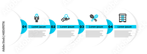 Set line Hive for bees, Honey dipper stick, Honeycomb and hand and Beekeeper with protect hat icon. Vector