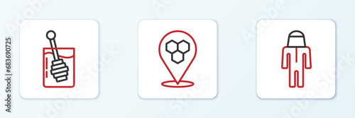 Set line Beekeeper with protect hat, Honey dipper stick and Honeycomb bee location icon. Vector