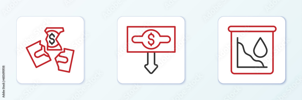 Set line Drop in crude oil price, Tearing money banknote and Dollar rate decrease icon. Vector