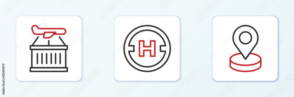 Set line Location, Plane and Helicopter landing pad icon. Vector Set line Location, Plane and Helicopter landing pad icon. Vector