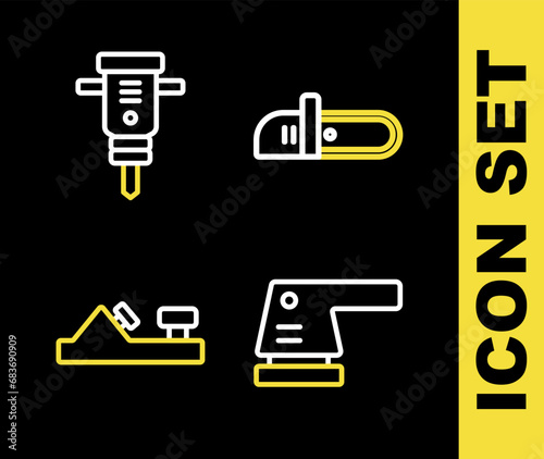 Set line Chainsaw, Electric sander, Wood plane tool and Construction jackhammer icon. Vector