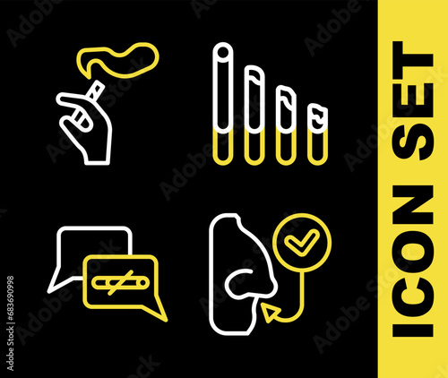 Set line Smoking cigarette, Healthy breathing, No smoking and Hand with icon. Vector