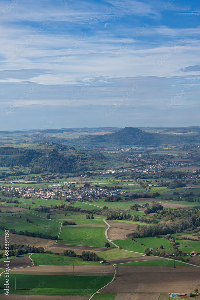 Aerial view of the volcanic region of Hegau in southern Germany. The moraine hills are remains of extinct volcanos. On top of them are some castle ruins. Picture taken out of an ultralight aircraft.
