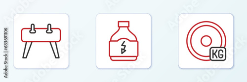 Set line Weight plate, Pommel horse and Sports nutrition icon. Vector