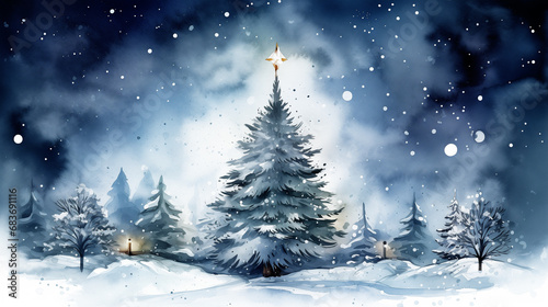 Christmas tree watercolor illustration Winter collection, painting, wet, gift, ginger bread, sky at night with snow in winter © polarbearstudio