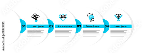 Set line Traditional fan, South Korean won coin, Love with heart and Bonsai tree icon. Vector