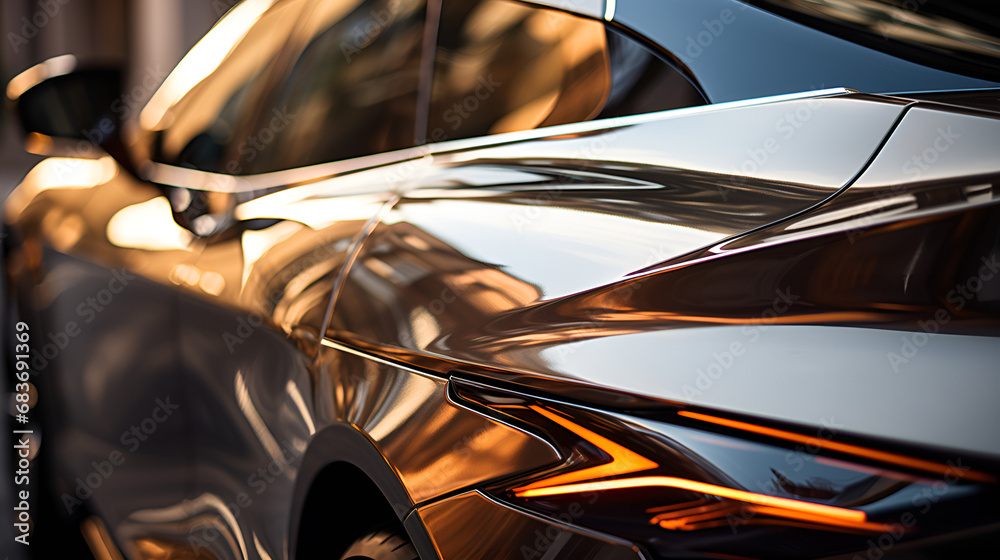 lights of cars with night. long exposure, Closeup of glistening, mirrorlike polished stainless steel with a cool, metallic sheen. Headlights and details of red sport car, Cars parking in a city



