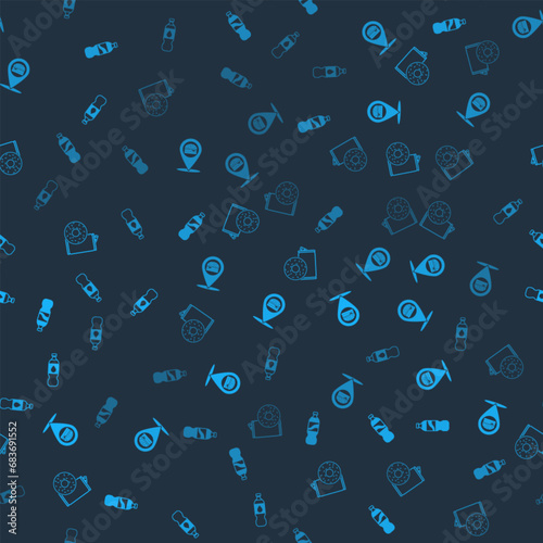 Set Bottle of water, Location with burger, Aluminum can soda and donut and on seamless pattern. Vector