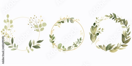 Luxury botanical gold wedding frame elements on white background. Set of polygon, circle, glitters, eucalyptus leaves, leaf branches. Elegant foliage design for wedding, card, invitation,Generative AI photo