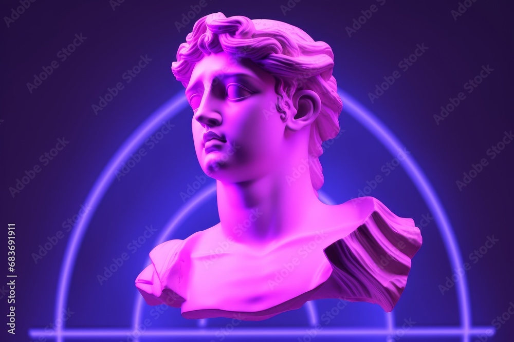 Classic statue background concept. Vaporwave style background. Classic sculpture with color distortion and colored lights. 3d render, Generative AI