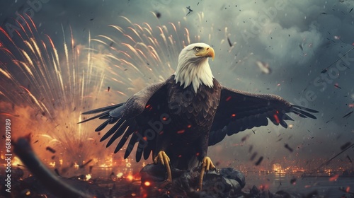 Bald Eagle with Fireworks in the background. 3d illustration. Patriotism concept. Military Concept. July 4 Concept.