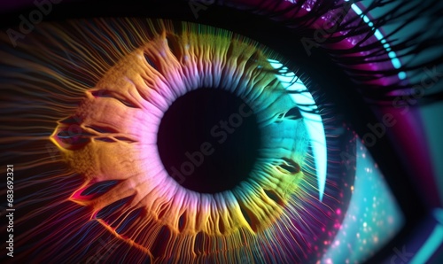 Human multicolored iris of the eye animation concept. Rainbow lines after a flash scatter out of a bright white circle and forming volumetric a human eye iris and pupil. 3d rendering, Generative AI