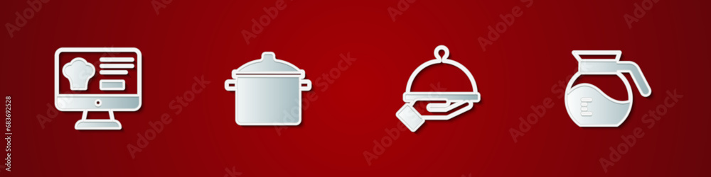 Set Online ordering and delivery, Cooking pot, Covered with tray of food and Coffee icon. Vector Set Online ordering and delivery, Cooking pot, Covered with tray of food and Coffee icon. Vector
