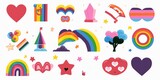 Happy Pride LGBTQ element set. LGBTQ community symbols with rainbow flag, rocket, heart. Elements illustrated for pride month, bisexual, transgender, gender equality, sticker, rights, Generative AI