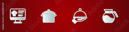 Set Online ordering and delivery, Cooking pot, Covered with tray of food and Coffee icon. Vector