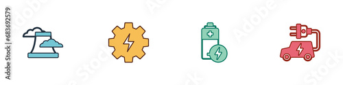 Set Nuclear power plant, Gear and lightning, Battery and Electric car icon. Vector