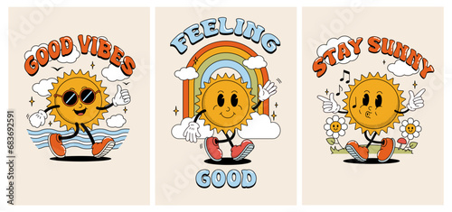 Retro groovy sun. Vintage smile, good vibes and stay sunny inspirational posters. Funny summer sticker with face, festive motivation poster. 1970s hippy character. Vector cartoon postcard set