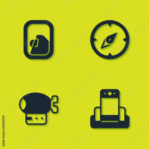 Set Airplane window, Metal detector airport, Airship and Compass icon. Vector