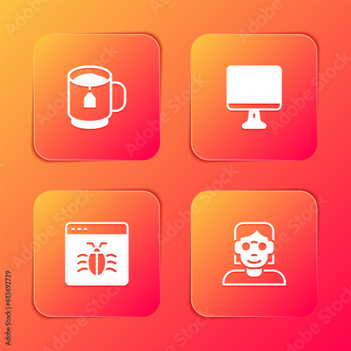 Set Cup of tea with tea bag, Computer monitor screen, System bug and Hacker coder icon. Vector