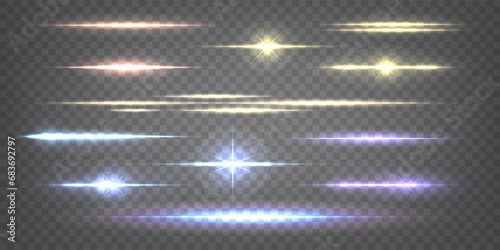 Light flares. Neon shine, glow, speed sparkle rays, blue streak or beam, bright luminous splashes. Blurred motion isolated on transparent background isolated elements. Digital technology photo