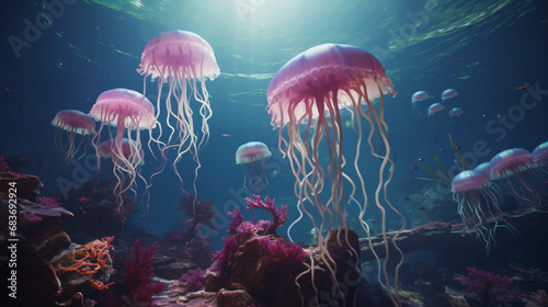 A group of jellyfish swimming over a coral reef