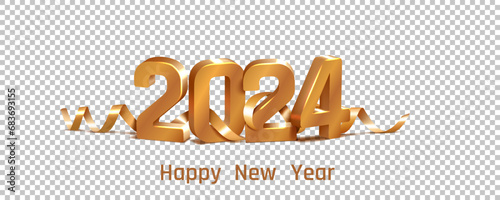 2024 happy New Year. 3D gold numbers. Greeting card element. Golden ribbon confetti on transparent background. Winter holiday. December celebration. Vector isolated letters font design