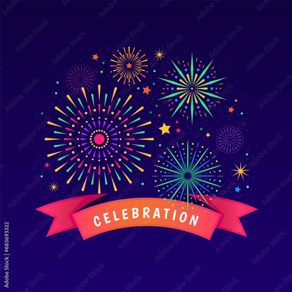 Firework background. Winner celebrate, anniversary party poster, ribbon with celebration text, event banner. Abstract carnival. Holiday or festival. Pyrotechnic elements. Vector flyer design