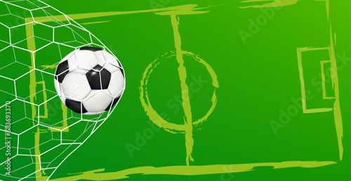 Soccer ball. Stadium field. Score goal into gate net. Sport competition. Pitch athletic sphere. Green grass on school game day. Football supporter. Championship banner. Vector background