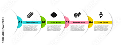 Set line Hotdog sandwich, Barbecue grill, Steak meat and grilled shish kebab. Business infographic template. Vector