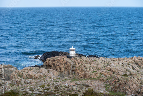 Molle, Sweden - May 3, 2022: The small western Lighthouse at Kullaberg Nature Reserve